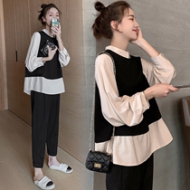 Pregnant women autumn suit fashion 2021 new foreign style net red top small fresh maternity clothes spring and autumn dresses