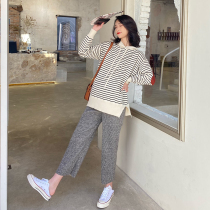 Pregnant women Spring and Autumn Net red set 2021 new fashion tide mom out striped top wide leg pants two-piece set