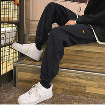 Pants mens casual pants autumn and winter Hong Kong wind loose leg sports pants Korean trend Joker plus velvet corduroy pants
