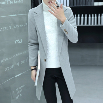 Trench coat mens long slim trend winter coat over knee woolen tweed long mens coat