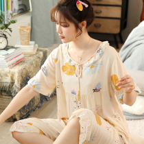 Summer thin cotton silk womens pajama suit large size casual sweet cotton poplin home dress two-piece summer womens