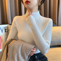 2021 autumn and winter Korean new womens coat White short Joker knit sweater high collar inside base shirt