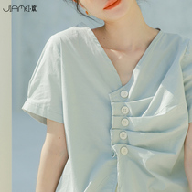 Shirt womens summer French retro short sleeve V-neck machine clavicle irregular design sense niche short top