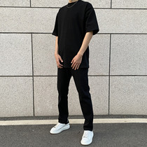 CEZPHISON BLACK ELASTIC JEANS HIGH STREET DISPLAY SLIM CASUAL LONG PANTS 100 LAP STRAIGHT BARREL WASHED PANTS MAN