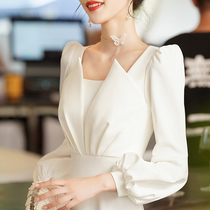 White Evening Dress Woman 2021 Burst Banquet Temperament dress Dress Satin presenter Long sleeves French high-end collar