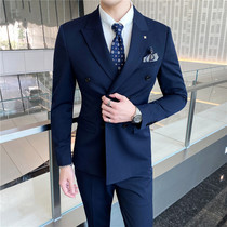 Suit jacket mens business casual solid color double-breasted thin gray suit youth Korean version slim single West man