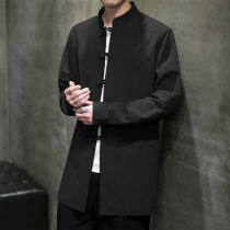 Chinese style mens middle and long shirt spring and autumn Chinese Tang Disk Clothes for mens loose cotton long sleeve coat