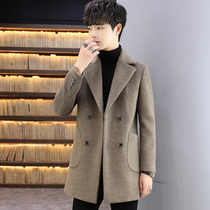 Long double-breasted trench coat mens autumn and winter slim coat business casual lapel small suit jacket