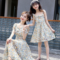 Seaside holiday pro-children Beach Mother Women Dress Sweet And Broken Flowers Dress Foreign Air Girl Thin snow-spun pendant with skirt