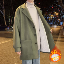 Woolen coat male Winter plus velvet thickened harbor wind loose casual windbreaker trend student couple woolen coat tide