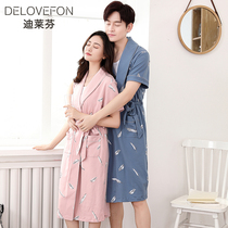 Mens nightgown Summer couple bathrobe Womens summer pure cotton short-sleeved mens thin summer long kimono pajamas Womens yukata