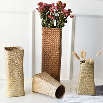Flower basket ornaments barley dried flower vase bottle Straw flower pot Nordic weaving bamboo basket living room flower arrangement rattan bamboo basket