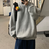 Gray round neck sweater men plus velvet thickened winter hats clothes trend loose wild autumn winter coat men