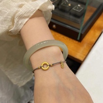 Xinjiang Hetian jade green white jade bracelet womens jingle bracelet round fine natural clear water girl Jade Bracelet