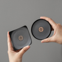 Japanese cup holder black pottery ceramic tea cup mat creative round heat insulation mat window flower coaster retro kung fu tea tray