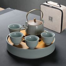 Jusheng Ruyao Kung Fu Tea Set Ru Porcelain Complete Travel Tea Set Teapot Tea Cup Office Household Ceramic Tea Plate