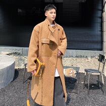 Winter Korean Lamb hair trench coat men plus velvet thick warm coat long knee loose pocket coat