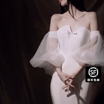 Jane Qi 2021 New Moon White shoulder long sleeve bride to go out light wedding fish tail evening dress female