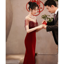 One-word shoulder wedding toast bridal fishtail evening dress engagement banquet temperament 2021 New Wine Red self-cultivation