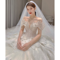 Word shoulder main wedding dress 2021 new bride pregnant woman cover thick arm luxury high-end summer small man big tail