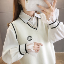 Vest vest jacket 2021 new womens V-neck sweater spring and autumn academic style white knitted horse clip