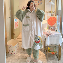 Cartoon dinosaur Robe Womens pajamas flannel winter coral velvet bathrobe Korean home suit set thickened loose loose