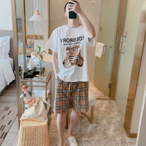 Pajamas Mens Summer Short Sleeve Cotton Thin Shorts Casual Plaid 200 Jin Large Size Home Clothes Student Set