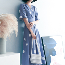 Chiffon polka dot dress 2021 summer new temperament commuter short-sleeved V-neck waist long skirt temperament bellflower skirt
