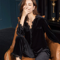 Full of tenderness because of you ~ high-end pajamas ladies long sleeve V-collar sexy lace early autumn can wear golden velvet