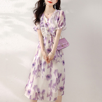 Purple dress female French 2023 new gentle temperament waist and thin summer high print dyeing skirt
