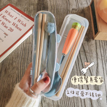 Wooden chopsticks stainless steel spoon tableware two pieces of creative cute portable students with tableware box