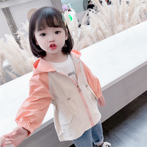 Girls  coat spring and autumn new childrens autumn Western style hooded cardigan Childrens baby waist pink trench coat