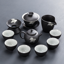Ceramic home kung fu tea set black pottery cup corniculture tea cup coarse pottery side set teapot simple drainage tea tray Japanese style