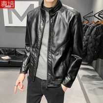 Standing collar motorcycle leather jacket for men slim Korean fashion handsome PU leather jacket autumn casual all-match leather clothing mens clothing