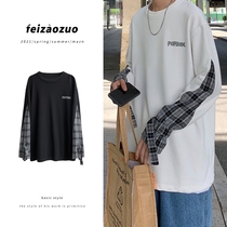 Long-sleeved t-shirt mens spring and Autumn tide brand plaid design sense loose base shirt Youth casual wild T-shirt mens D