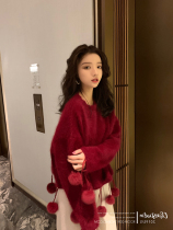 2021 Winter new round neck ball mohair red sweater women loose lazy sweet mink jacket