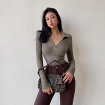 Fashion and comfortable solid color lapel conjoined Jersey womens autumn and winter tight sexy V-neck European and American hot girl bottoming top