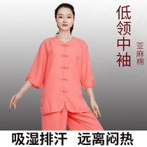 Xiaoheshan Taiji clothing womens short sleeves 7-point sleeves summer cotton and linen womens morning practice clothing middle-aged martial arts Taijiquan clothing