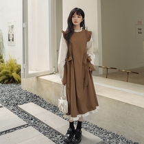 Wooden ear splicing fake two dresses womens early spring and autumn season 2022 new loose Korean long-sleeved skirt Mori series