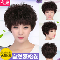 Middle-aged wig Female short hair Real hair round face natural shape real hair full head cover mom old man short curly hair