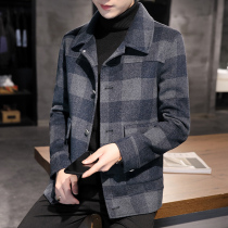 Mens double-sided cashmere coat short autumn and winter woolen jacket Korean version of wool Nizi Plaid youth trench coat
