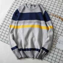 Autumn and winter mens round neck thin sweater Korean version of the trend handsome striped sweater student cardigan bottoming shirt