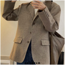 South Korea Grove suit 2021 autumn and winter new wool single row of herringbone tattoox male and female identical coat