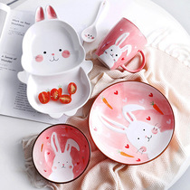 Cute cartoon pattern hand-painted ceramic tableware set home childrens Bowl Spoon divider plate