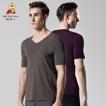 Rice straw man autumn winter no-mark fine suede plus suede male warm blouse v collar short sleeve mens T-shirt undershirt sweatshirt man