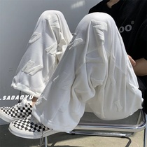 Foam letter pants high street ins tide brand straight loose wide leg pants White summer thin high mens pants