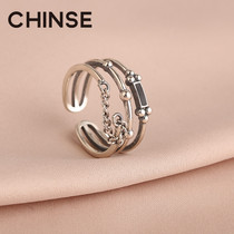 S925 sterling silver multi-layer antique index finger ring female chain domineering wide version of the opening cold wind ring net red silver jewelry