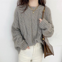Gray sweater womens autumn and winter round neck pullover twist loose wear lazy wind leisure 2021 new spring and autumn