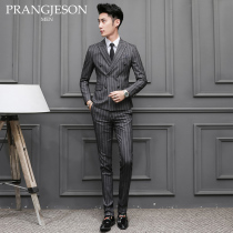 Korean suit suit suit male slim stripe double-breasted dress three-piece English suit wedding groom dress