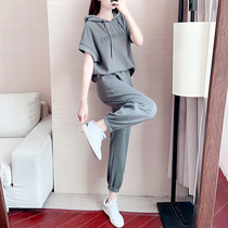 Sports set women summer 2021 New loose slim gray sweater casual running hooded two-piece tide